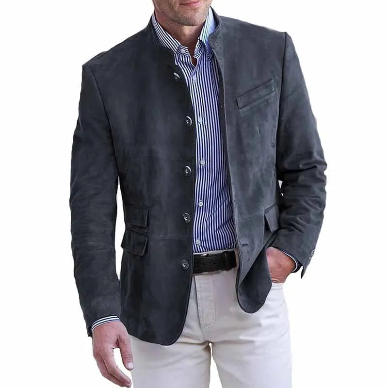 Men's Stand Collar Suede-Look Blazer Single Breasted Slim Fit Solid Color Jacket