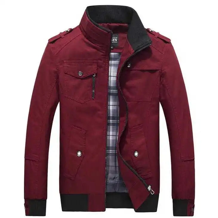 Men's Military Style Cotton Jacket Multi Pocket Zip-Up Stand Collar Casual Coat