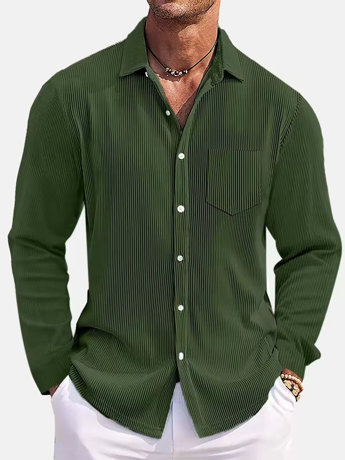 Men's Ribbed Textured Button-Up Shirt Turn-Down Collar Chest Pocket Long Sleeve Top