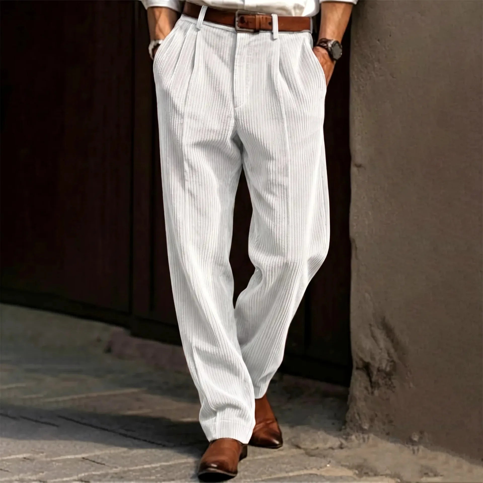 Men's Corduroy Pleated Straight Leg Pants Mid Waist Loose Fit Business Casual Trousers