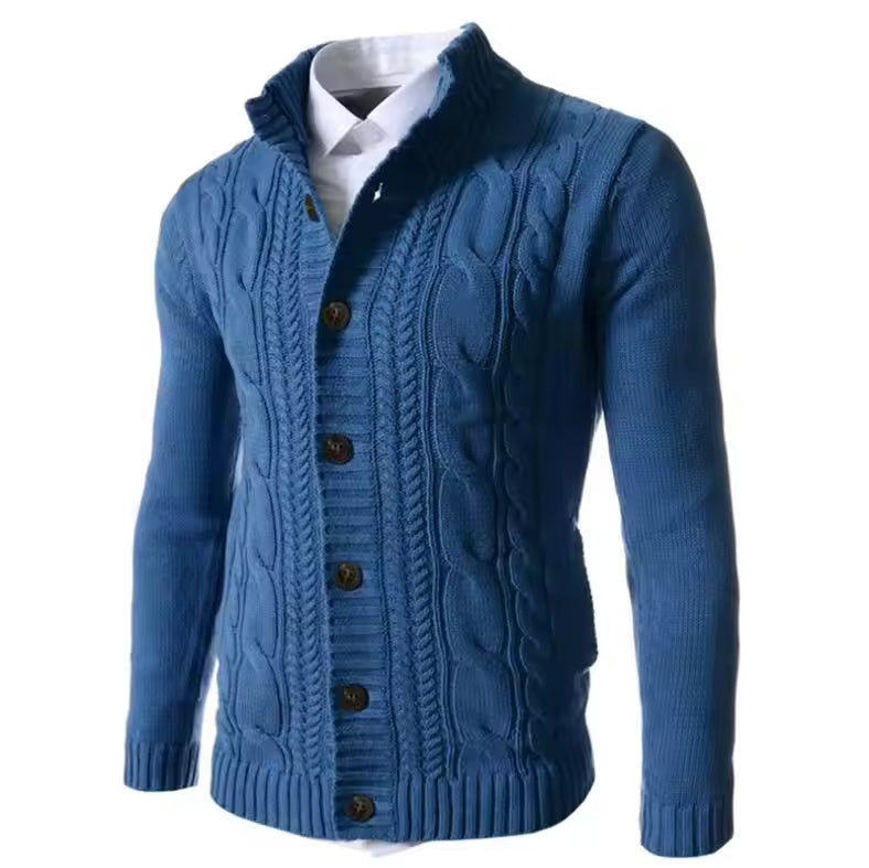 Men's Cable Knit Cardigan Mandarin Collar Button-Up Slim Fit Sweater Coat