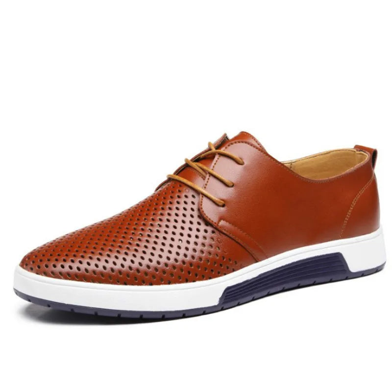 Men's Perforated Leather-Look Lace-Up Shoes Round Toe Business Casual Sneakers