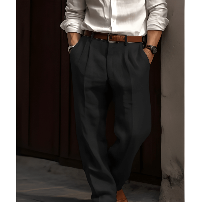 Men's Straight Leg Trousers  Linen Fabric Pleated Front