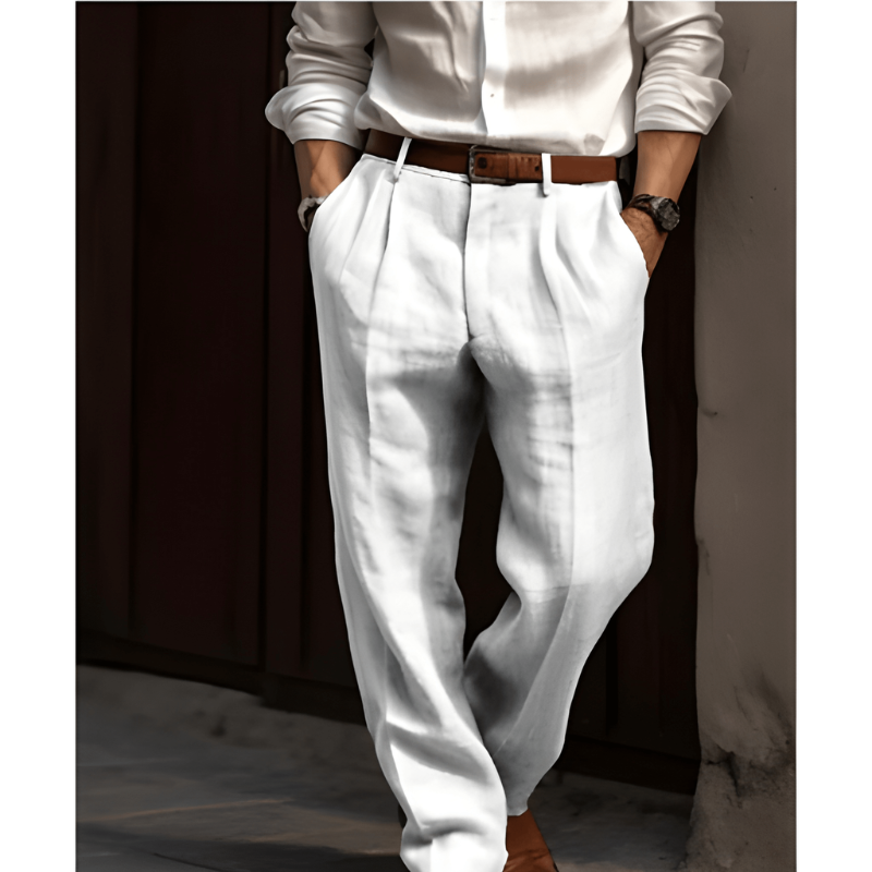 Men's Straight Leg Trousers  Linen Fabric Pleated Front