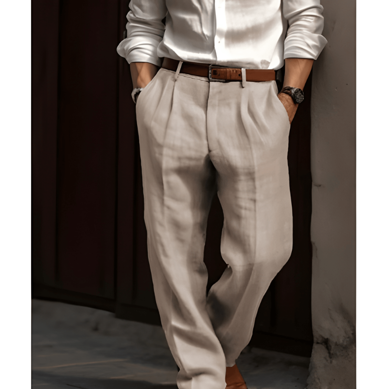 Men's Straight Leg Trousers  Linen Fabric Pleated Front
