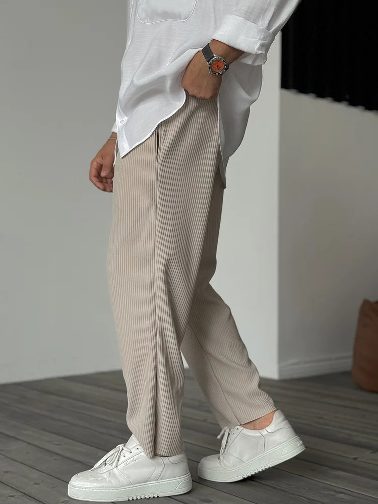 Men's Straight Leg Trousers Ribbed Fabric Elastic Waist