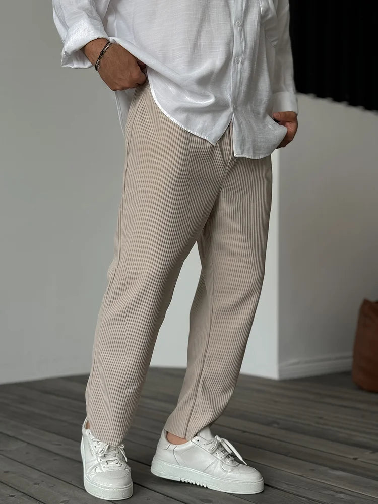 Men's Straight Leg Trousers Ribbed Fabric Elastic Waist