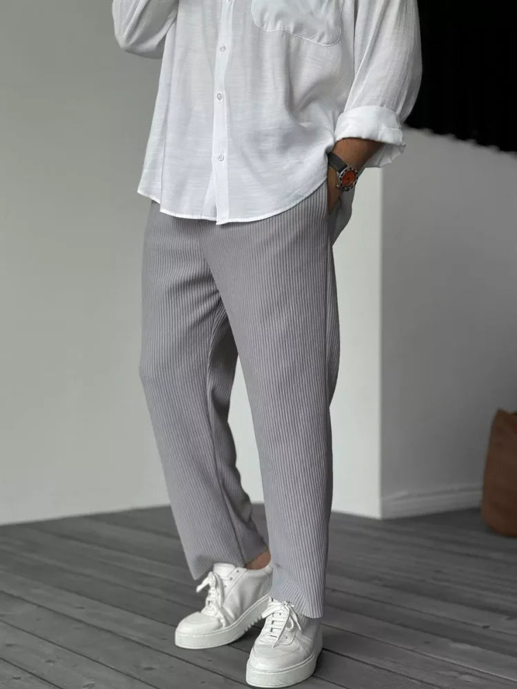 Men's Straight Leg Trousers Ribbed Fabric Elastic Waist