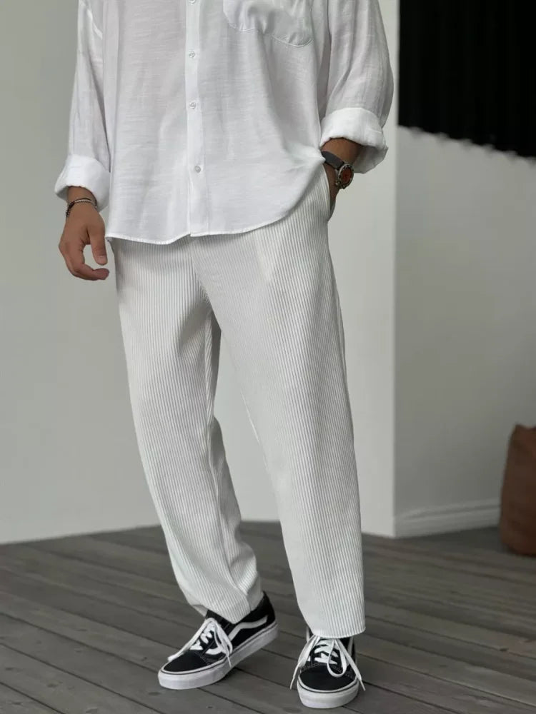 Men's Straight Leg Trousers Ribbed Fabric Elastic Waist