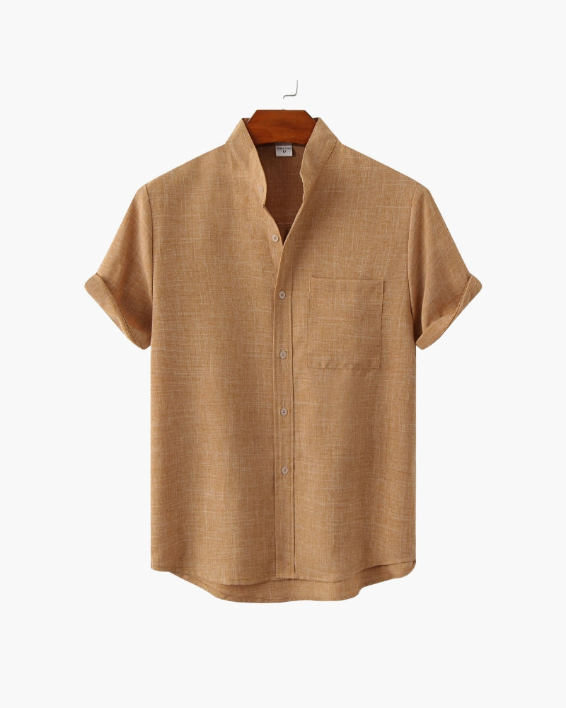 Shirt Cotton Blend Mandarin Collar Short Sleeve