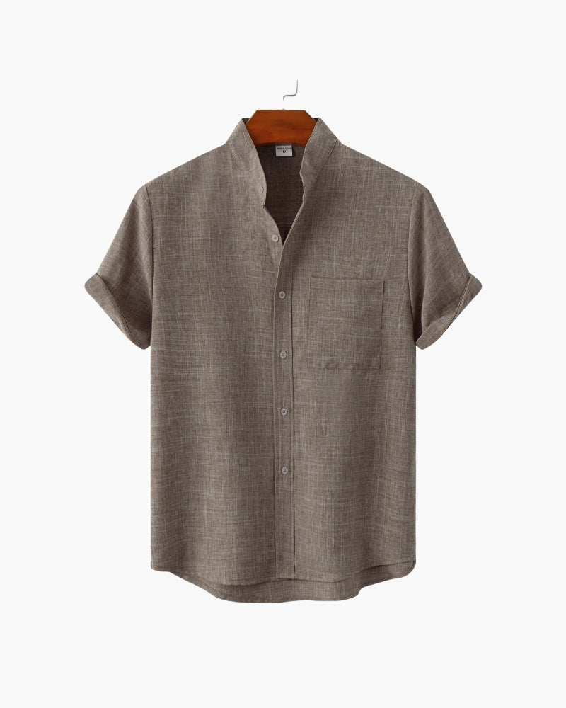 Shirt Cotton Blend Mandarin Collar Short Sleeve