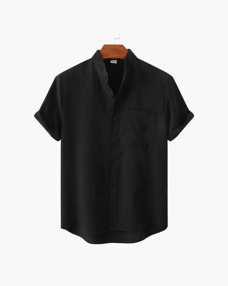 Shirt Cotton Blend Mandarin Collar Short Sleeve