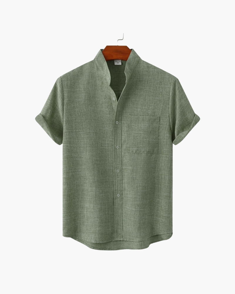 Shirt Cotton Blend Mandarin Collar Short Sleeve