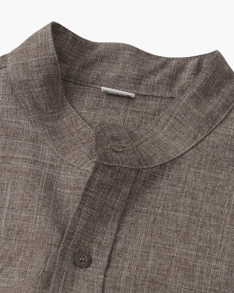Shirt Cotton Blend Mandarin Collar Short Sleeve
