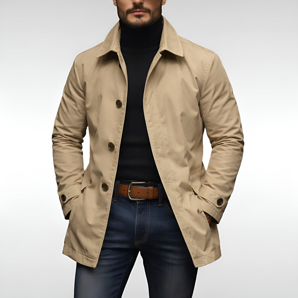 Men's Mid Length Overcoat Notch Lapel Tailored Coat with Pockets