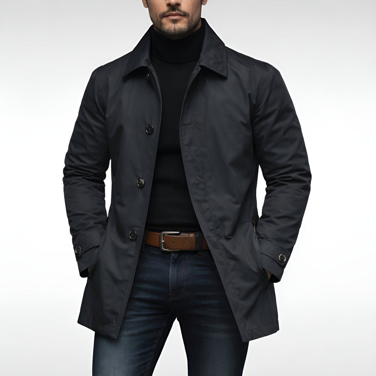 Men's Mid Length Overcoat Notch Lapel Tailored Coat with Pockets