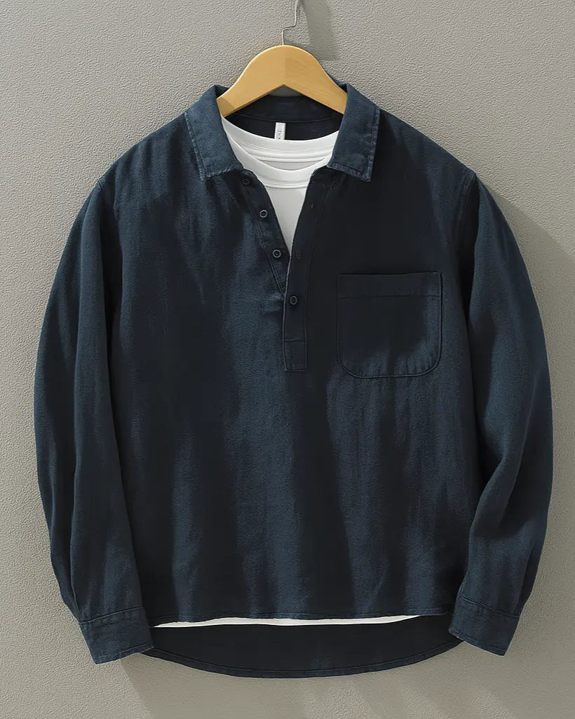 Popover Shirt Men Cotton Linen Blend Half Button Oversized Fit Curved Hem