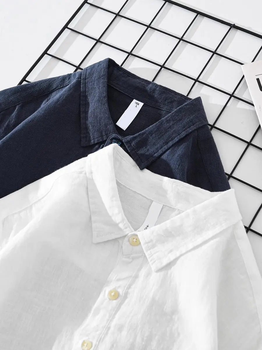 Popover Shirt Men Cotton Linen Blend Half Button Oversized Fit Curved Hem