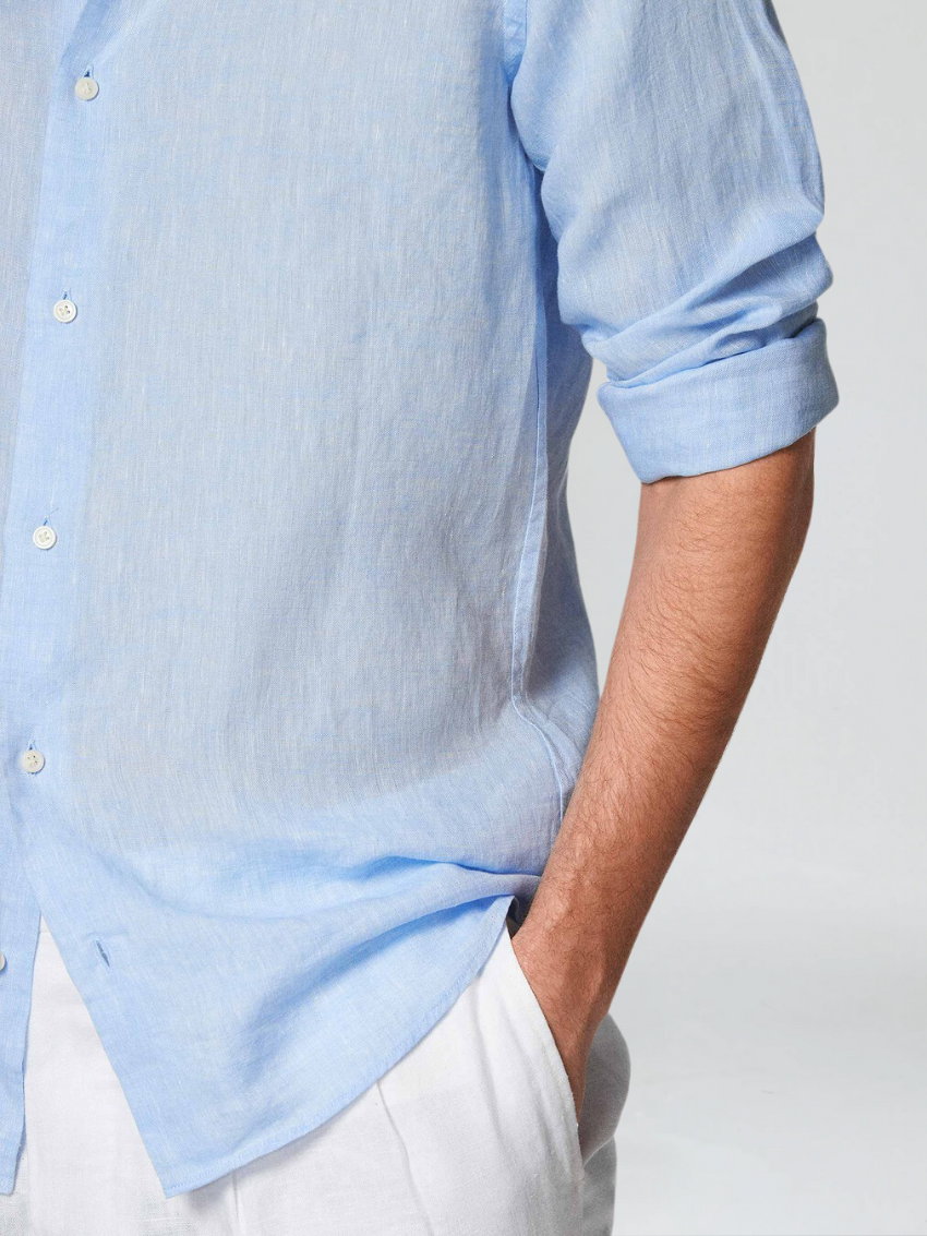 Chemise à bouton en lin pour hommes, manches roulées, bouton en nacre, longueur hanches