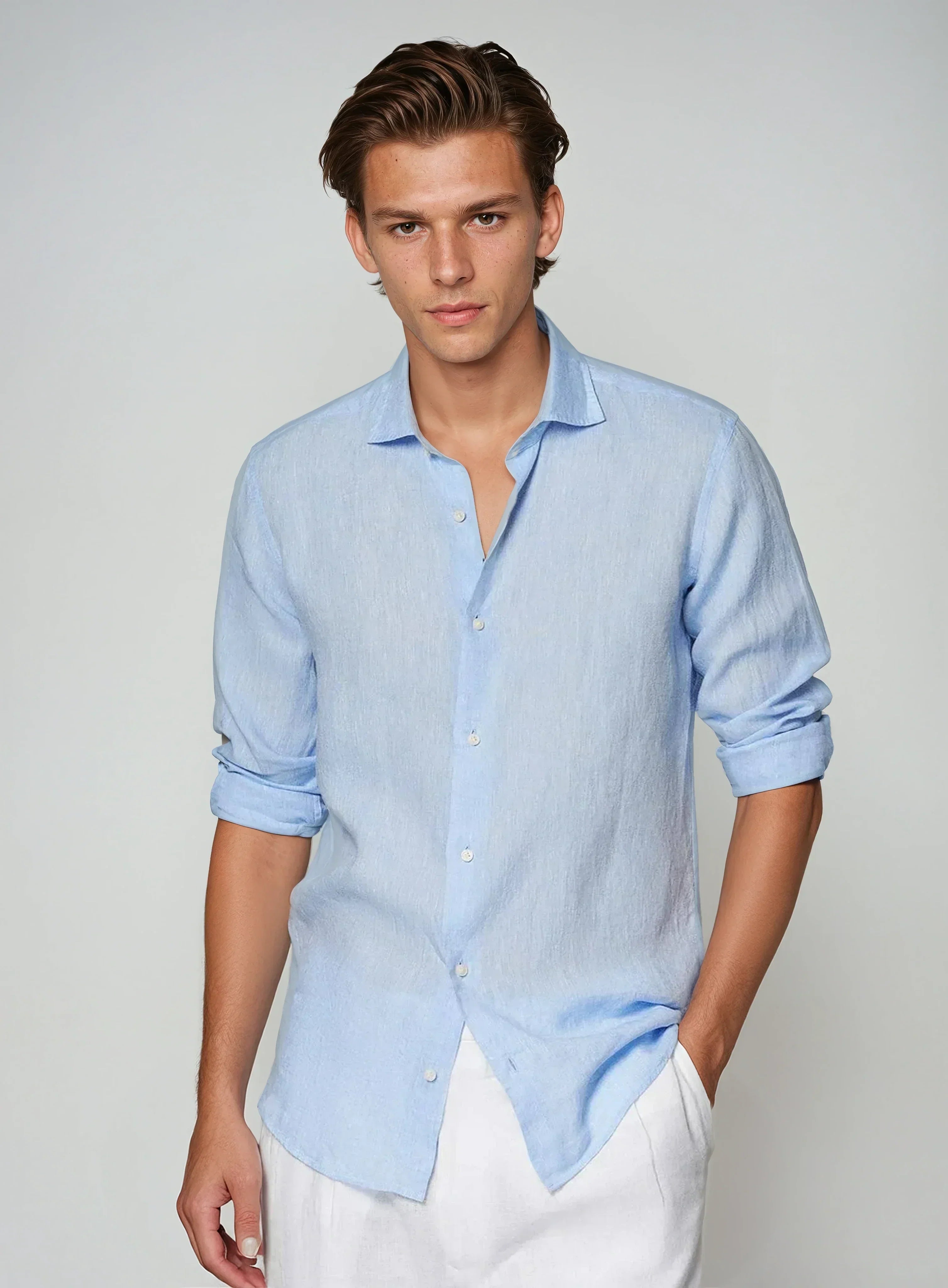 Chemise à bouton en lin pour hommes, manches roulées, bouton en nacre, longueur hanches