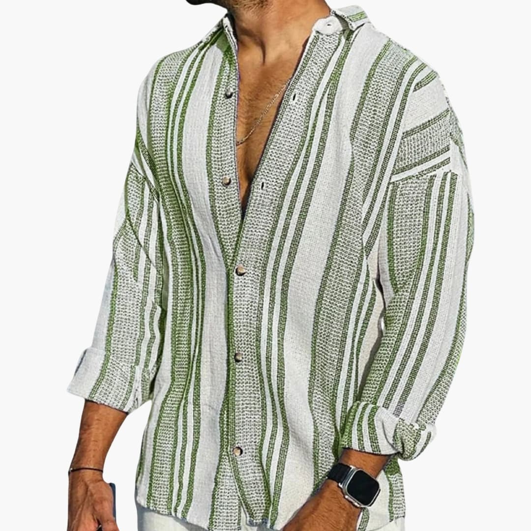 Men's Shirt Linen Waffle Weave Stand Collar Striped