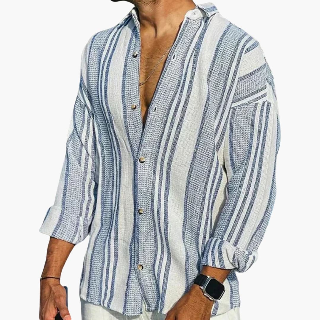 Men's Shirt Linen Waffle Weave Stand Collar Striped