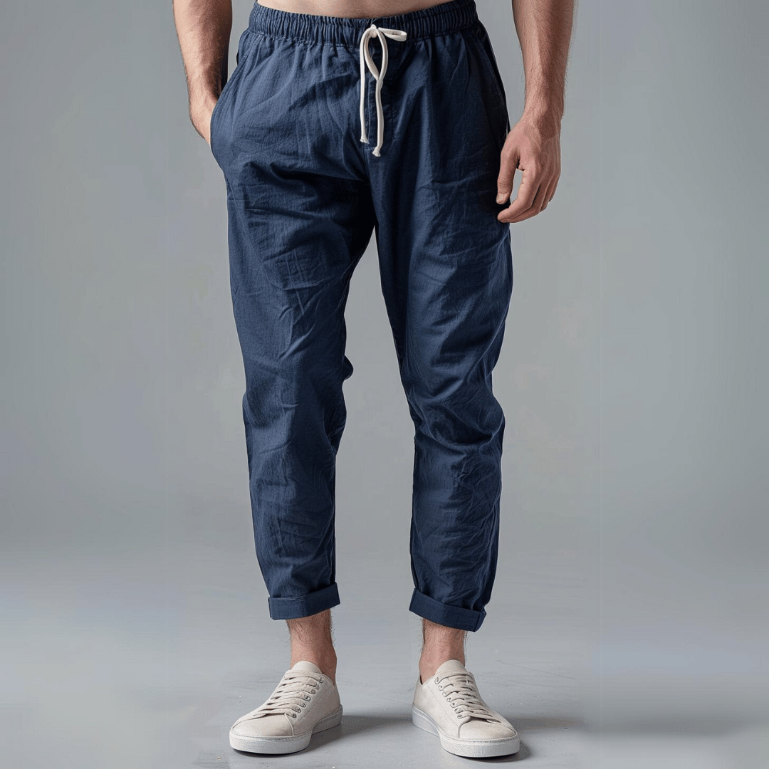 Men's Linen Trousers Elasticated Drawstring Waist Tapered Fit