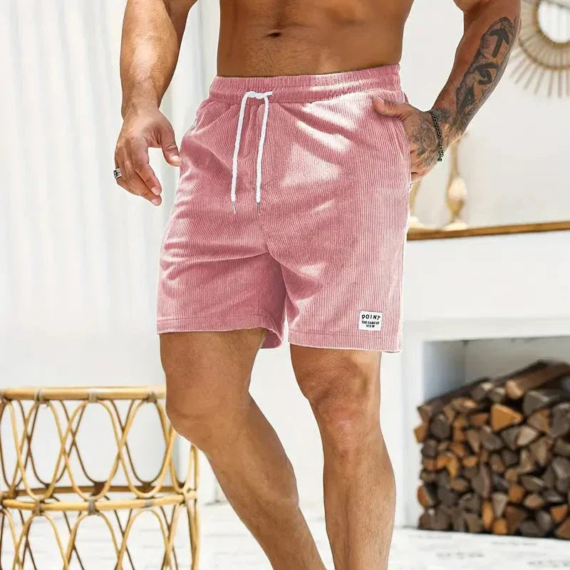 Shorts à cordon côtelés pour hommes en mélange de coton, coupe décontractée, mi-cuisse, poche avant, décontracté
