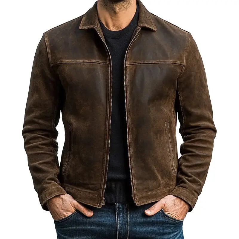 Jacket Suede Zip Up Trucker Side Pockets