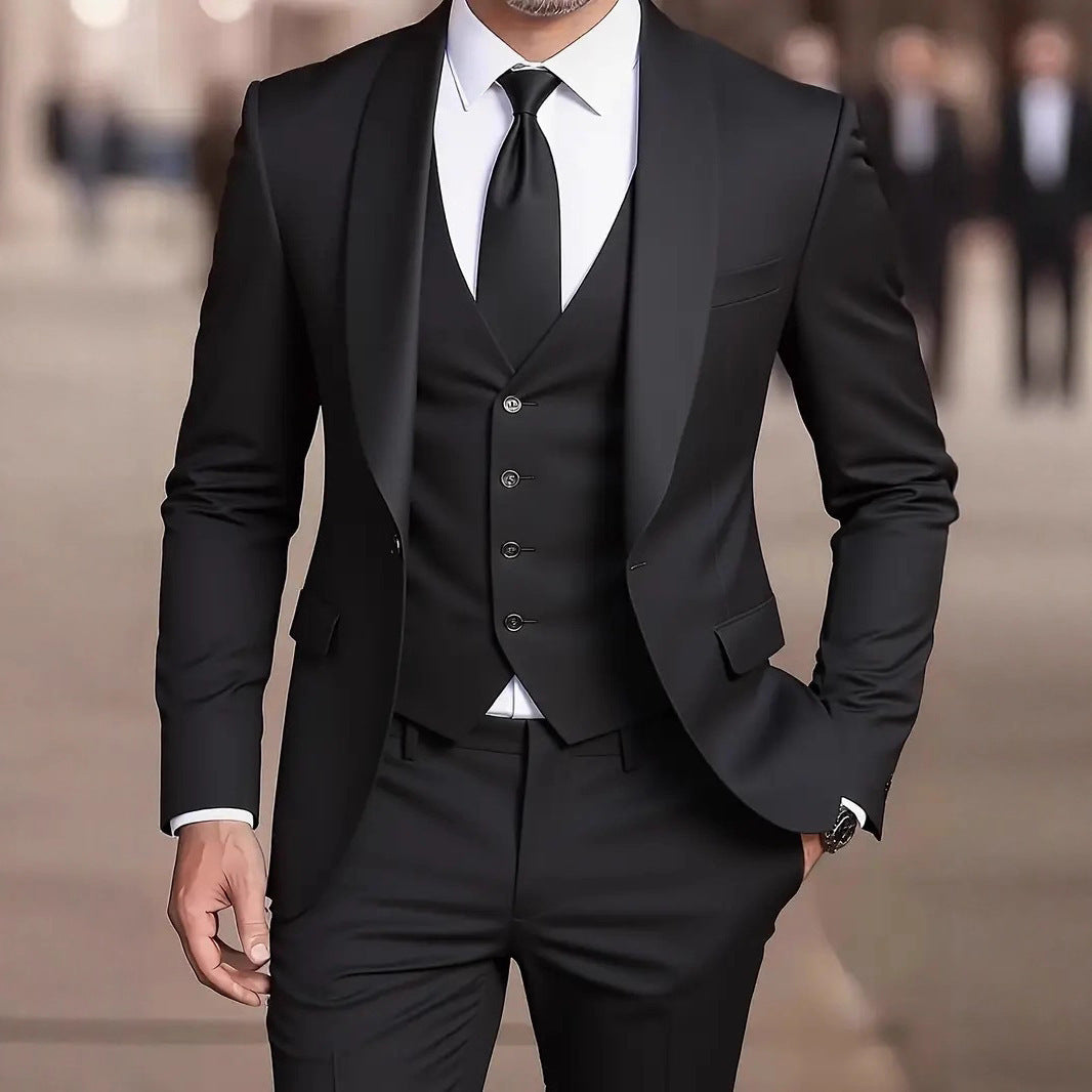 Three Piece Tuxedo Suit Men Satin Blend Tailored Fit Waistcoat Black Tie Formal