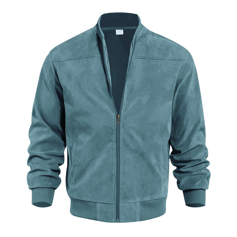 Men's Suede Bomber Jacket Zip Front Stand Collar