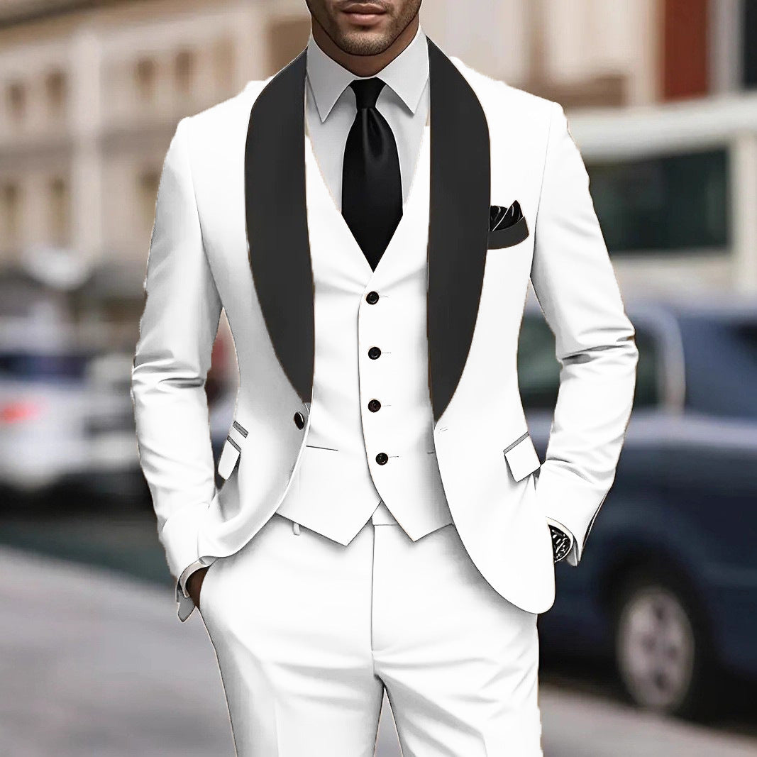 Three Piece Tuxedo Suit Men Satin Blend Tailored Fit Waistcoat Black Tie Formal