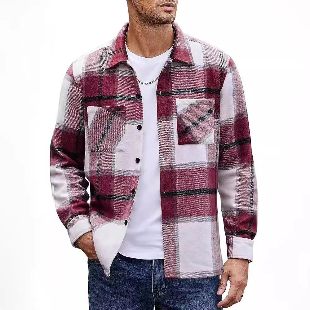 Men's Check Lapel Collar Button Front Cotton Polo