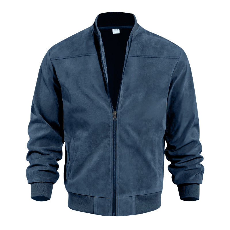 Men's Suede Bomber Jacket Zip Front Stand Collar