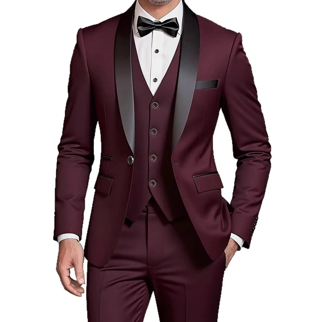 Three Piece Tuxedo Suit Men Satin Blend Tailored Fit Waistcoat Black Tie Formal