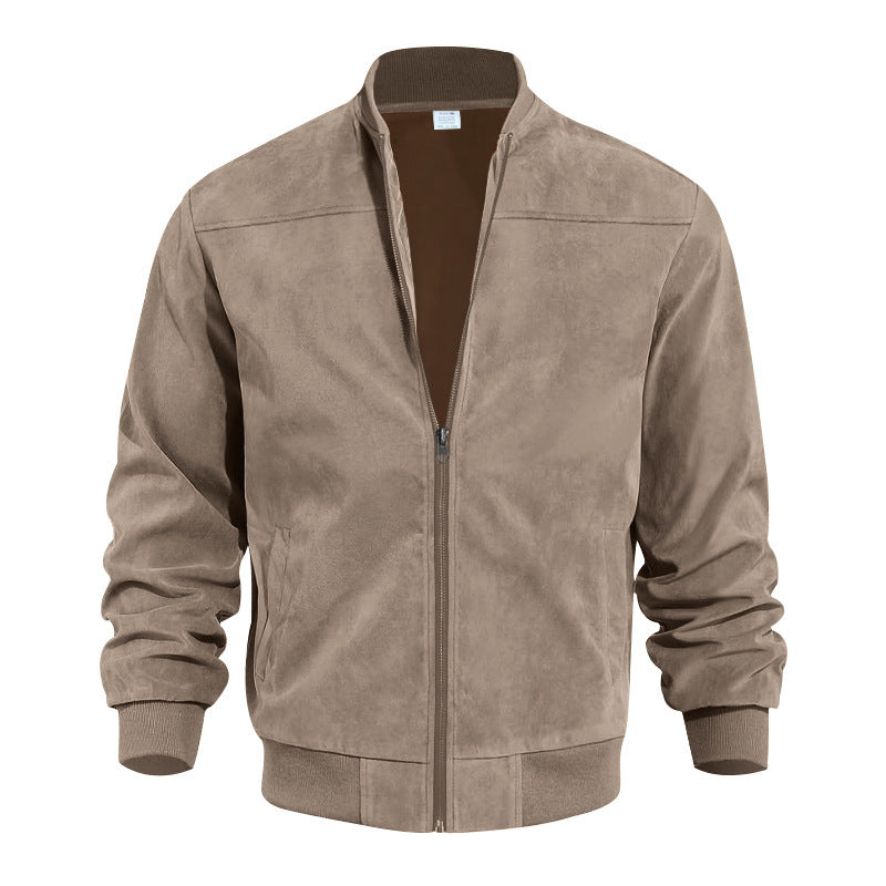 Men's Suede Bomber Jacket Zip Front Stand Collar