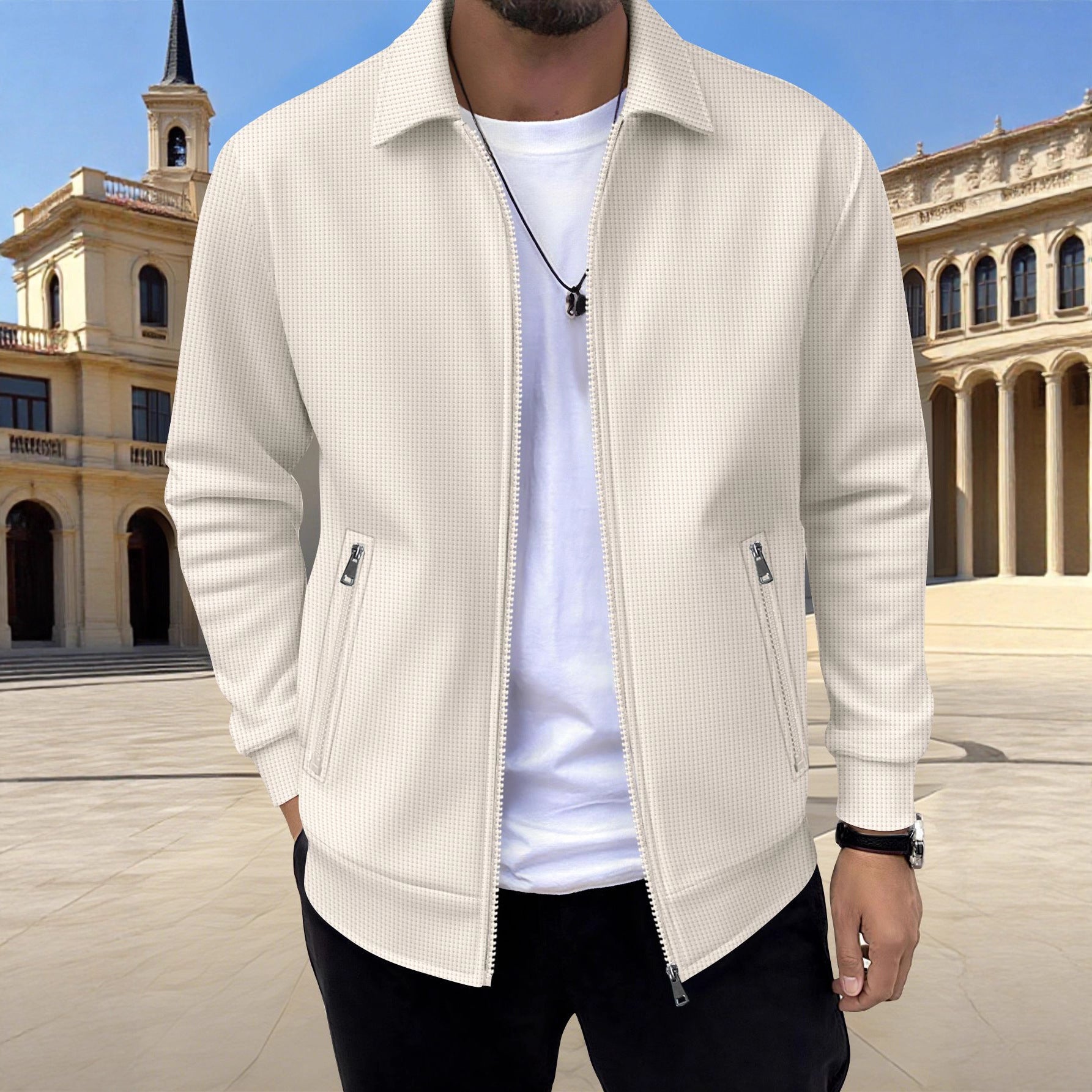 Men's Textured Jacket Zip Front Long Sleeve