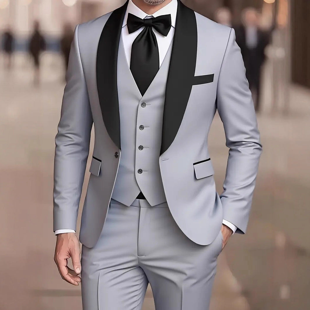 Three Piece Tuxedo Suit Men Satin Blend Tailored Fit Waistcoat Black Tie Formal