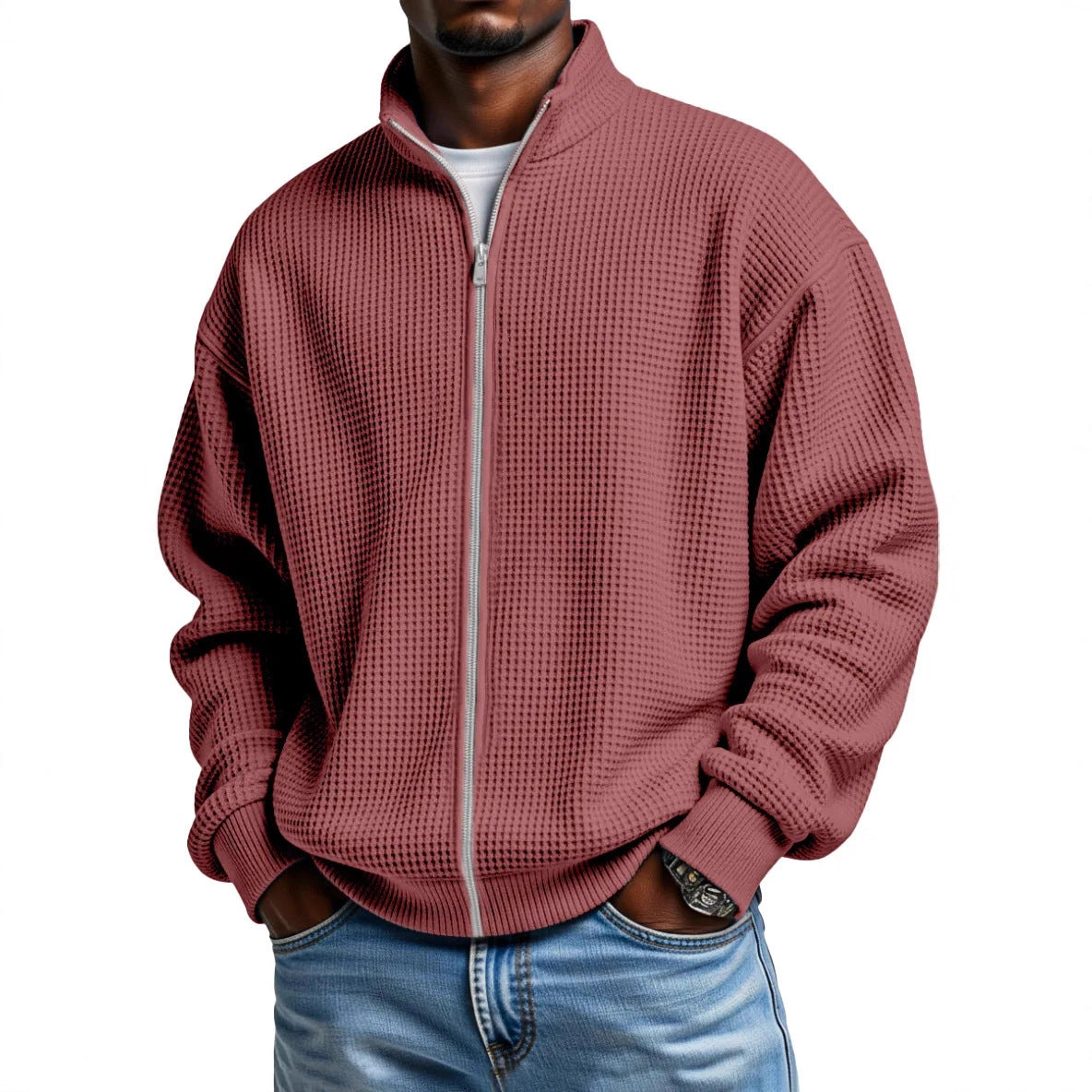 Men's Waffle Knit Jacket Stand Collar Zip Front