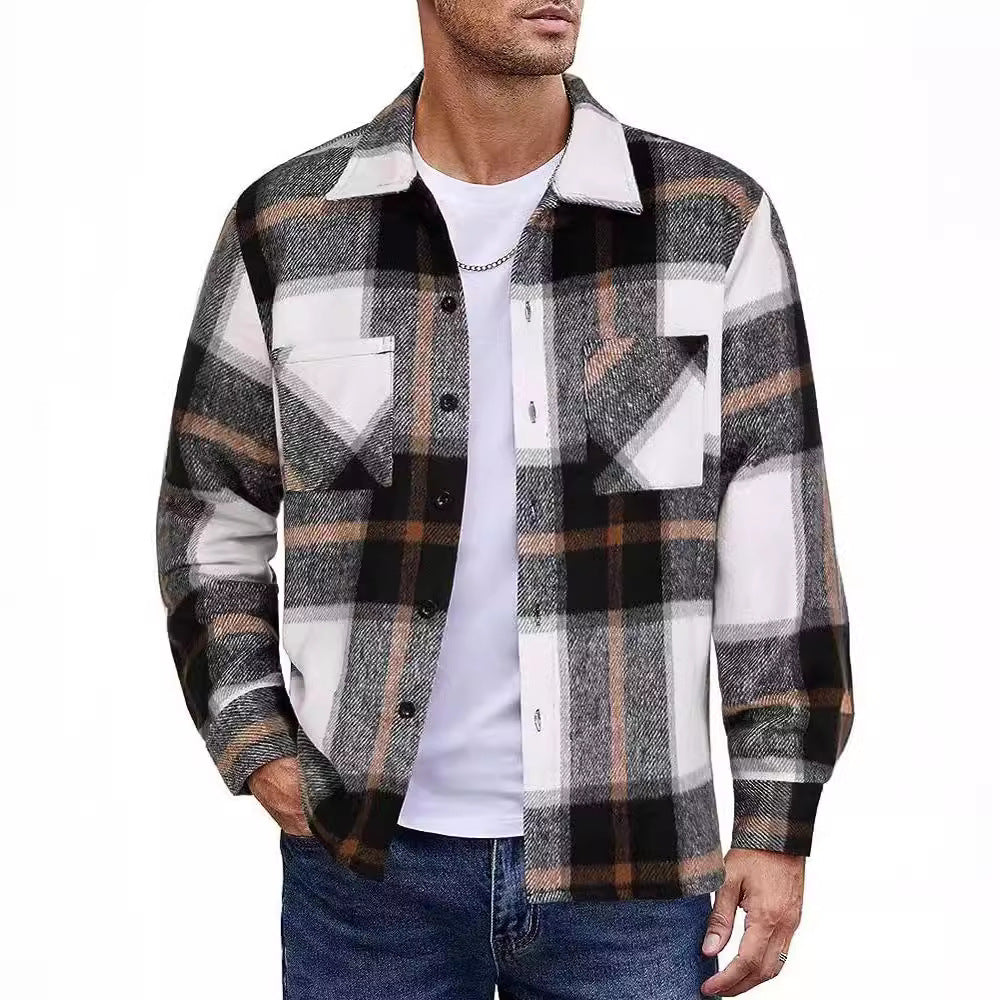 Men's Check Lapel Collar Button Front Cotton Polo