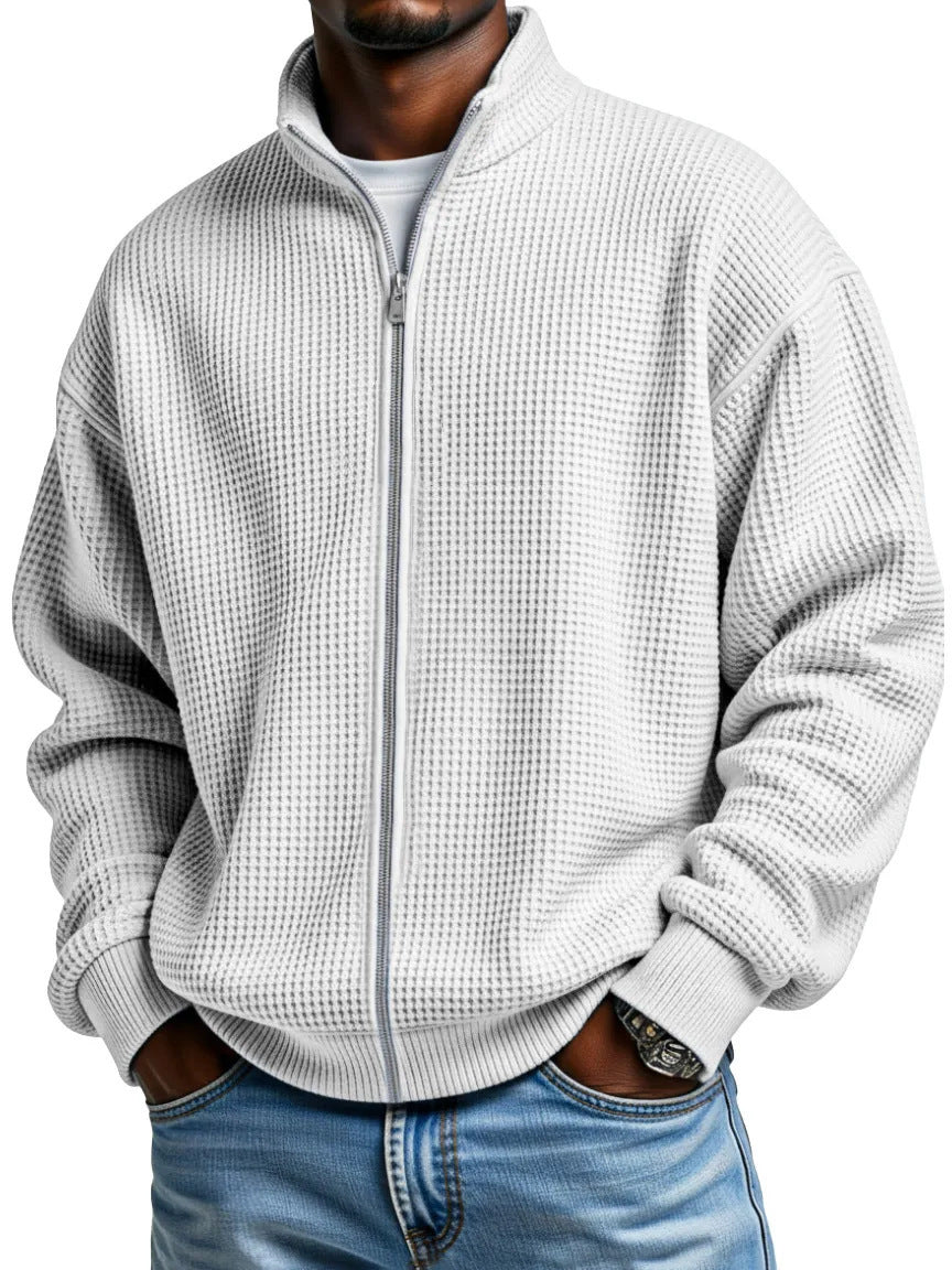 Men's Waffle Knit Jacket Stand Collar Zip Front