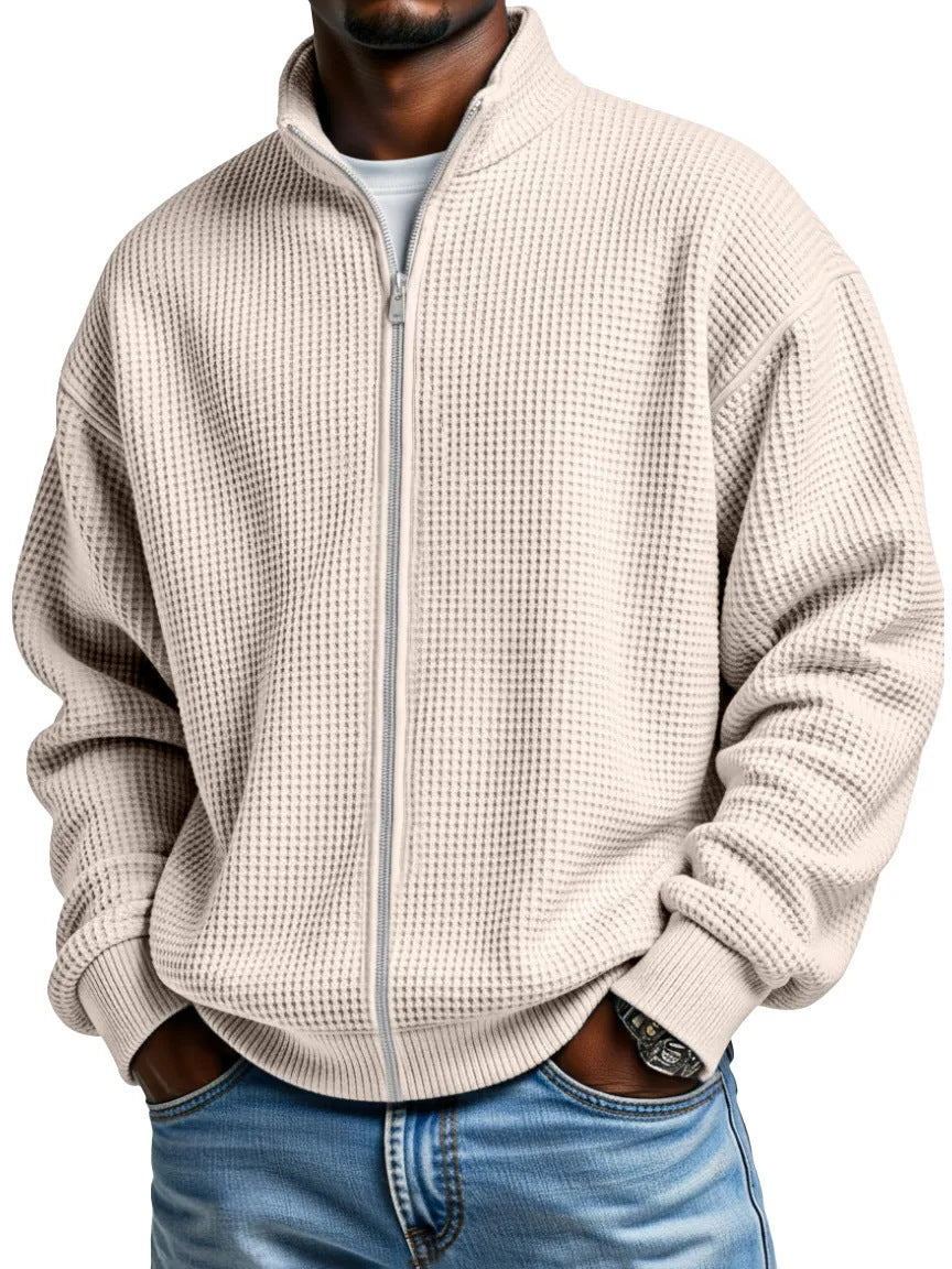 Men's Waffle Knit Jacket Stand Collar Zip Front