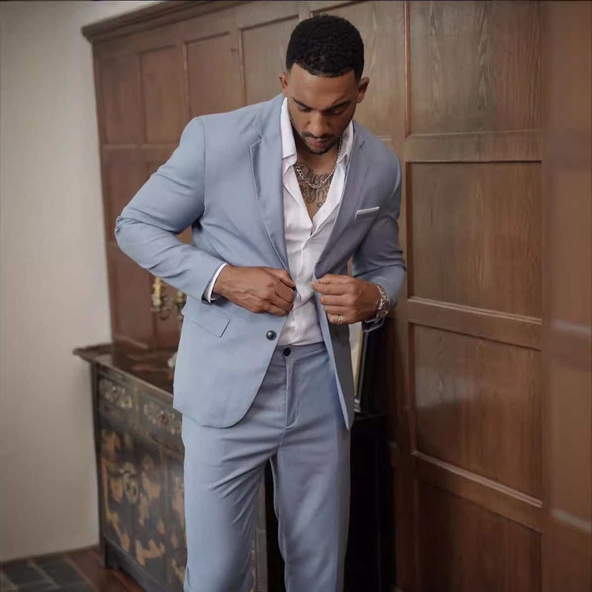 Suit Woven Fabric Notch Lapel Slim Fit Two Piece