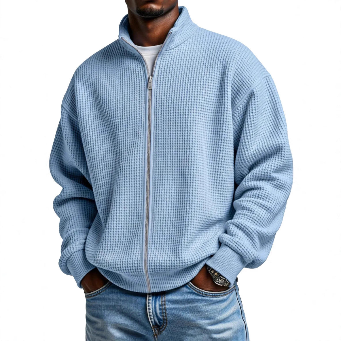 Men's Waffle Knit Jacket Stand Collar Zip Front