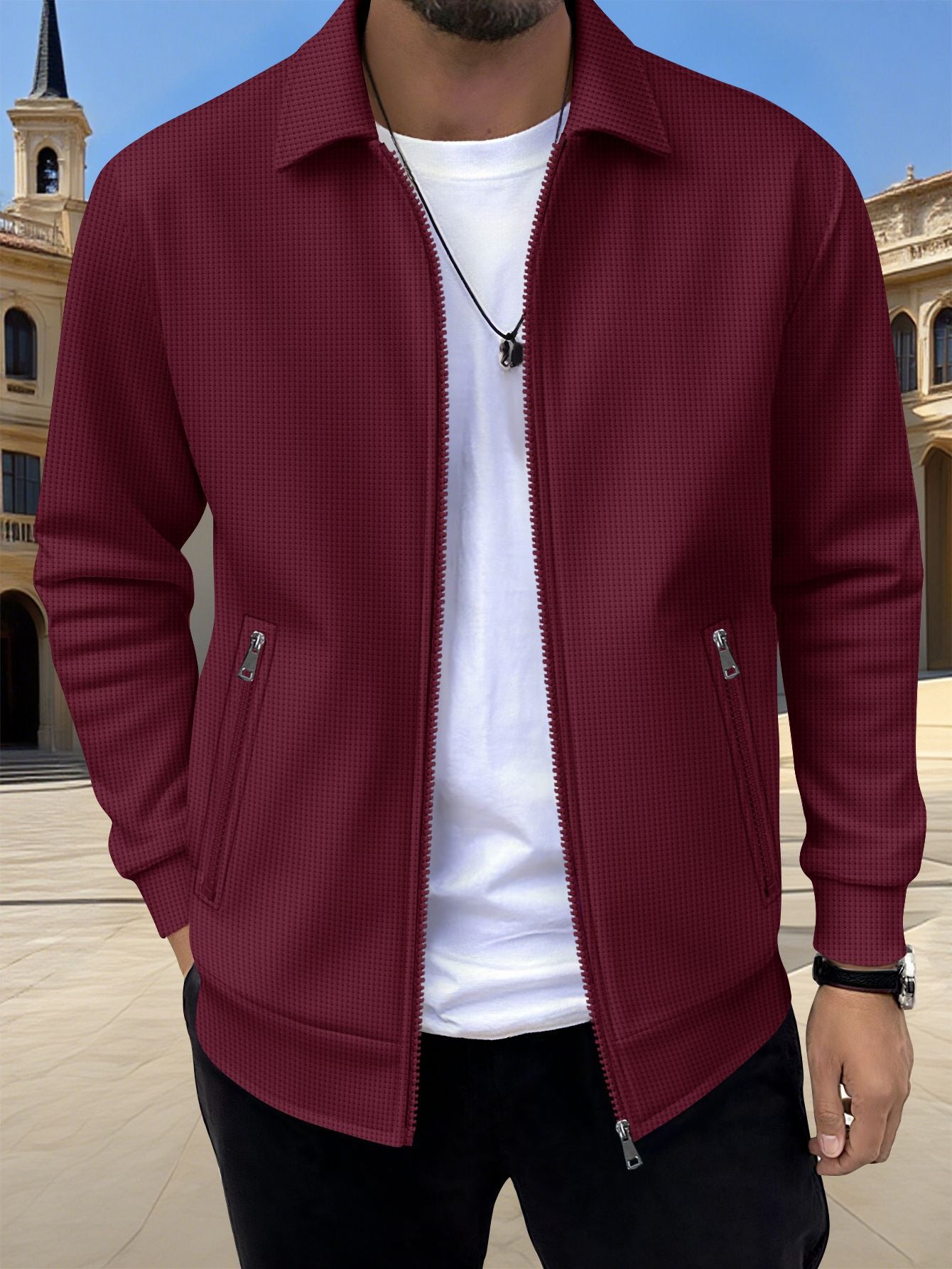 Men's Textured Jacket Zip Front Long Sleeve
