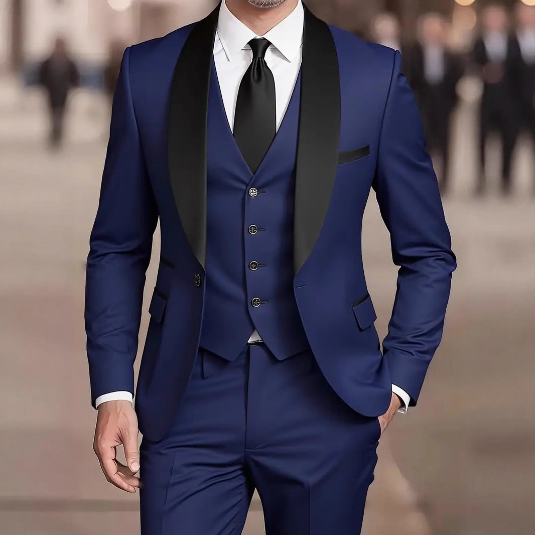 Three Piece Tuxedo Suit Men Satin Blend Tailored Fit Waistcoat Black Tie Formal