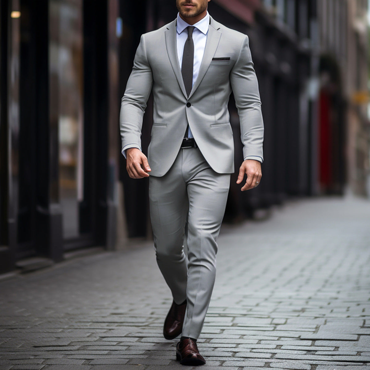 Single Button Suit Set Men Woven Fabric Slim Fit Notch Lapel Tapered Trouser Formal