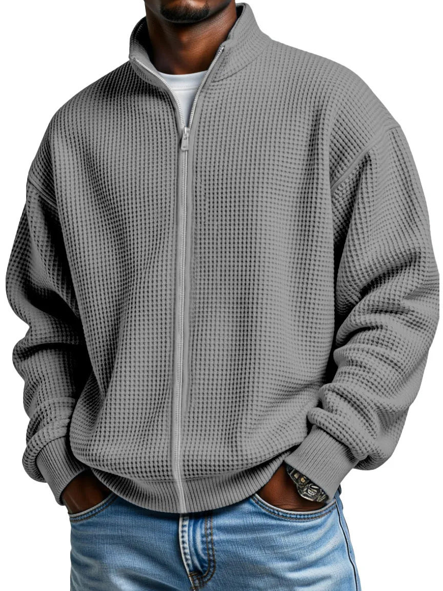 Men's Waffle Knit Jacket Stand Collar Zip Front