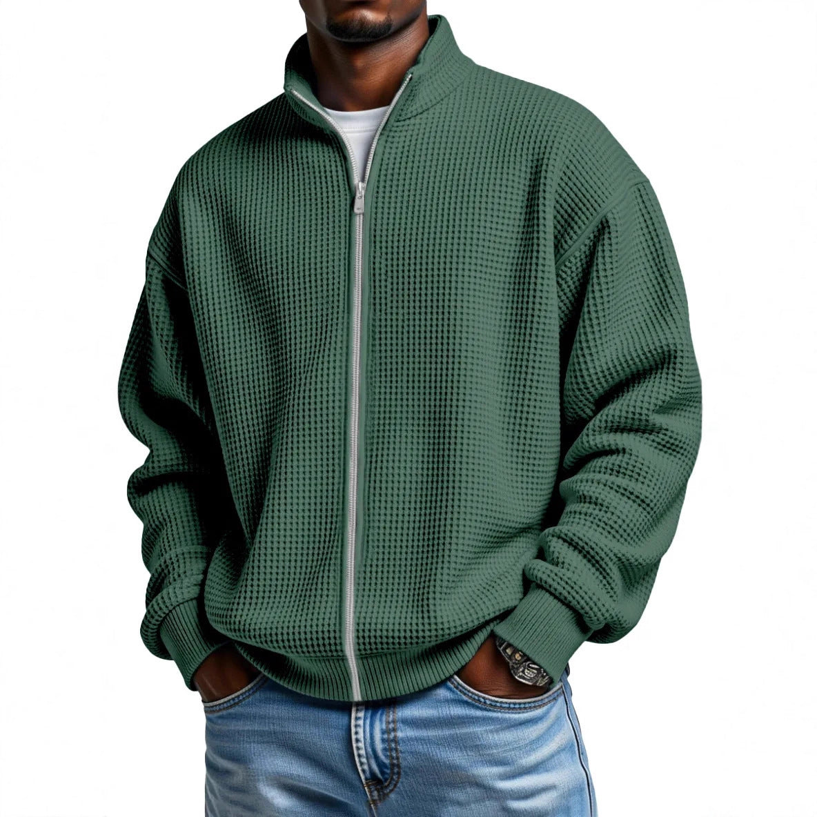 Men's Waffle Knit Jacket Stand Collar Zip Front
