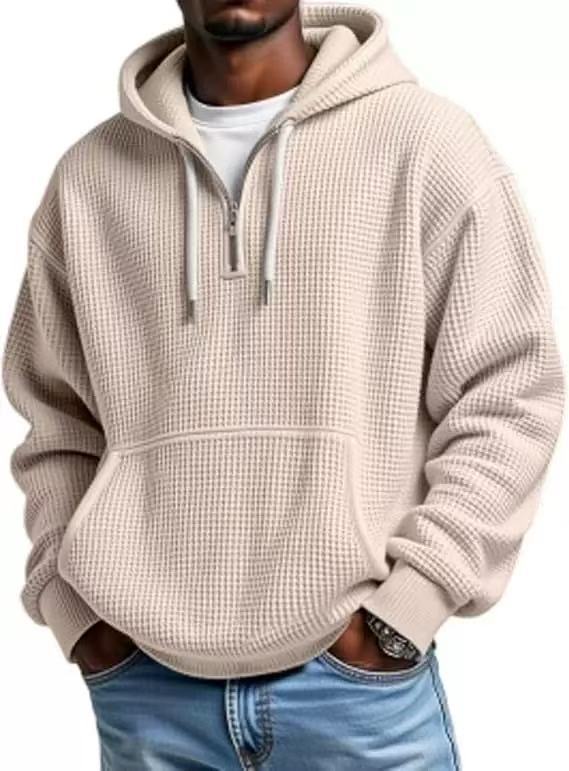 Men's Waffle Knit Quarter Zip Hoodie Kangaroo Pocket Drawstring Hood